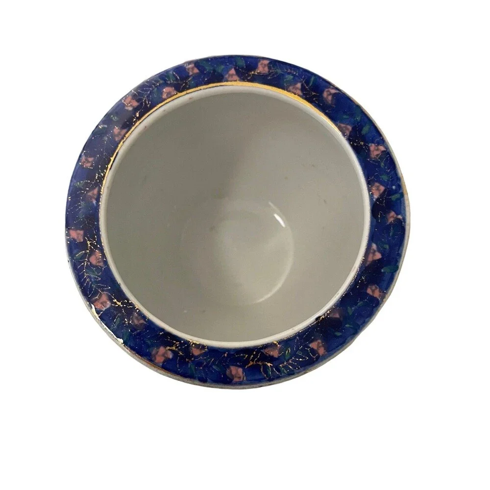 Chinese Style Koi Coi Pond Bowl Miniature Floral Cobalt Blue & Pink 3.5